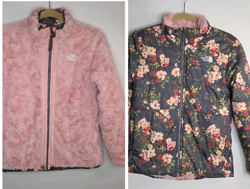 The North Face Girls L Reversible Jacket Floral Pink Faux Fur Fleece 14/16